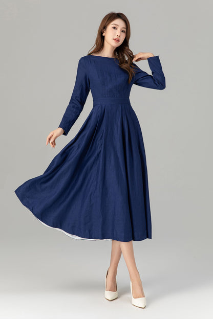 Navy Linen Midi Dress – Long Sleeve Fit and Flare Dress with Pockets 4925