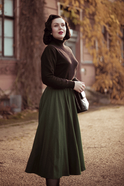 Green Wool Midi Skirt - High Waist, Flowing Silhouette 4738