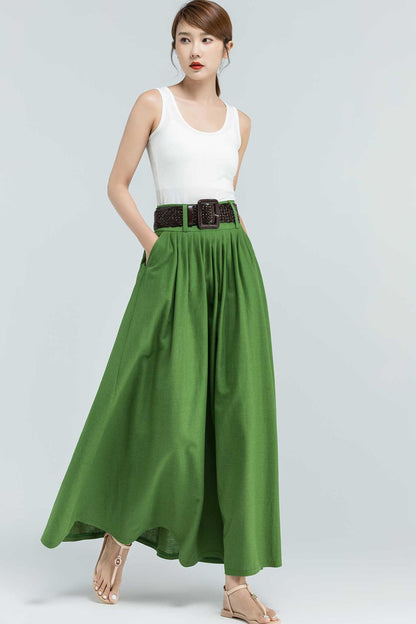 Green Linen Maxi skirt with pockets 2381