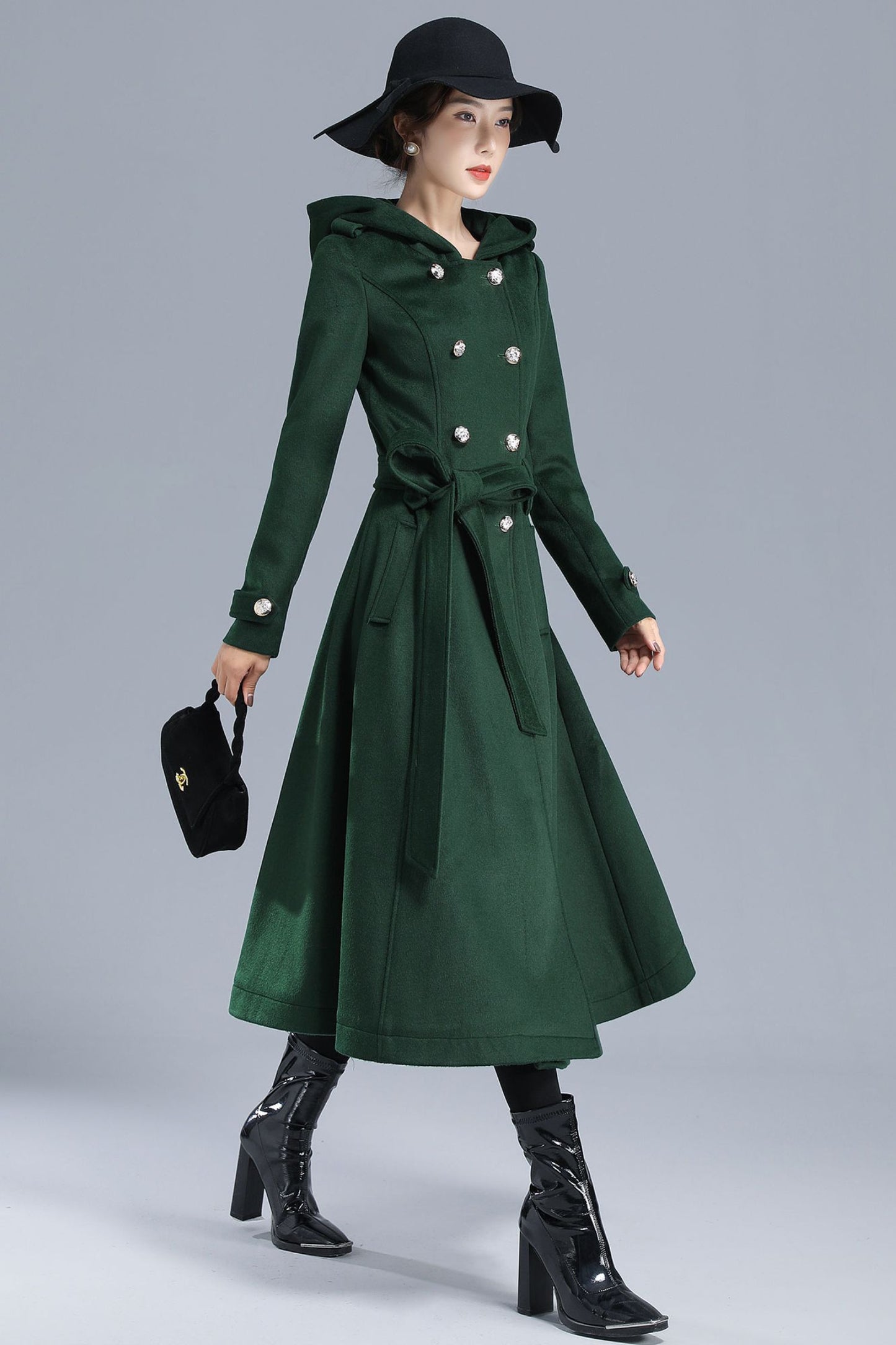 Green Long Wool Trench Coat with Hood 3212