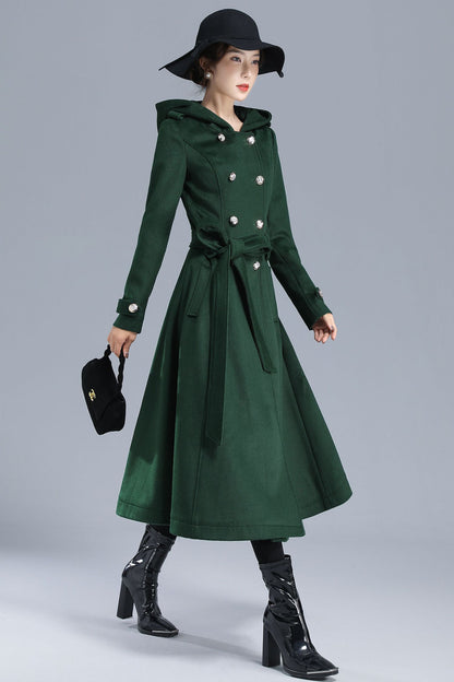 Emerald Green Wool Trench Coat - Hooded, Double Breasted, Mid-Calf Length 3212