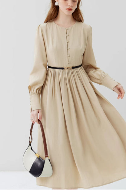Beige Cotton Blend Midi Dress - Vintage-Inspired Long Sleeves 4816