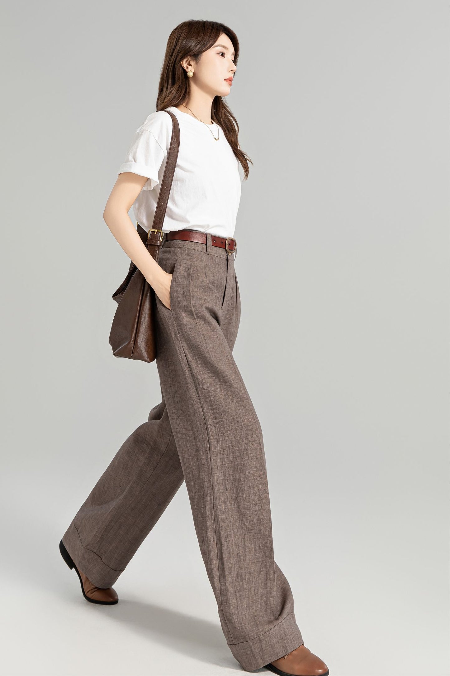 Brown wide leg long linen pants for women 4965