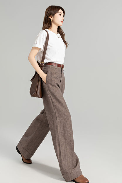Brown Linen Wide Leg Pants – Handmade Long Relaxed Fit Trousers | Xiaolizi  4965