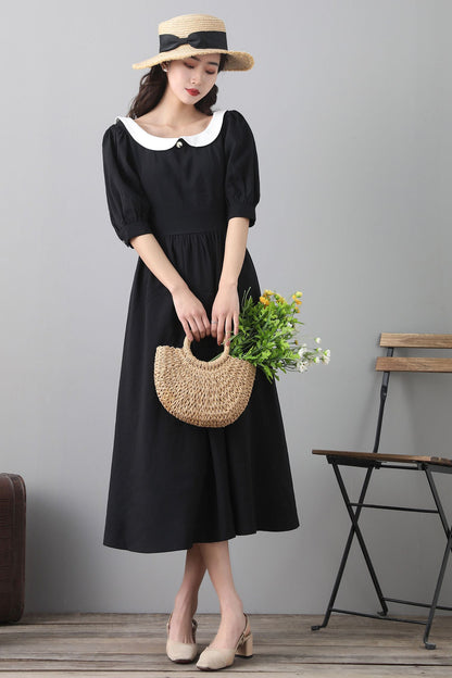 Black Cotton Linen Midi Dress - Vintage Inspired A-Line Swing 2559