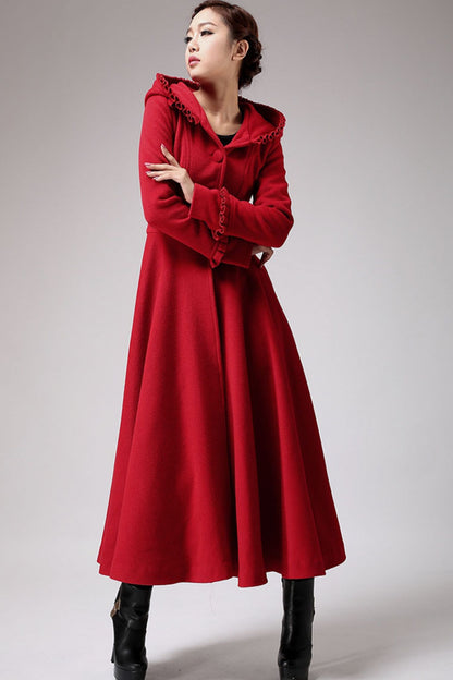 Red Wool Coat Maxi - Hooded Fit & Flare Silhouette 702