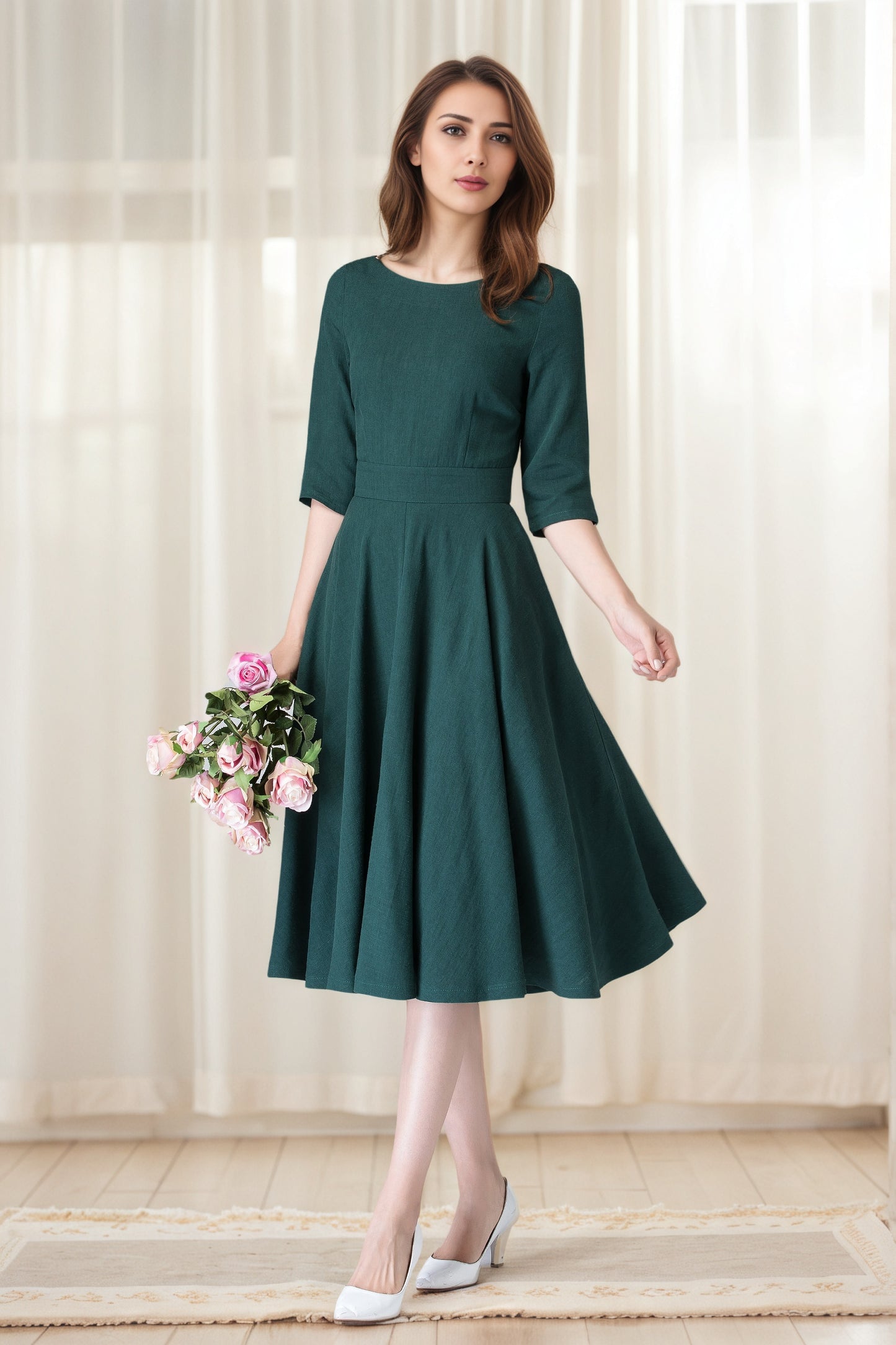 Handmade Dark Green Linen Cotton Midi Dress – Fit & Flare with Pockets 6630