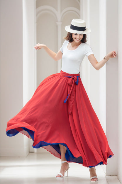 Red Chiffon Ankle-Length Skirt - Elastic Waist with Belt 5108