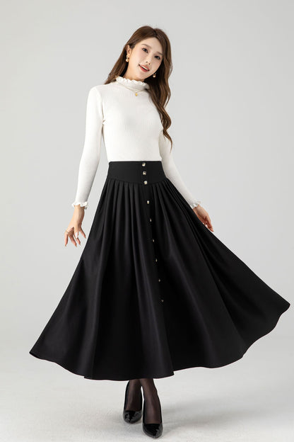 Swing black long pleated wool skirt 4611