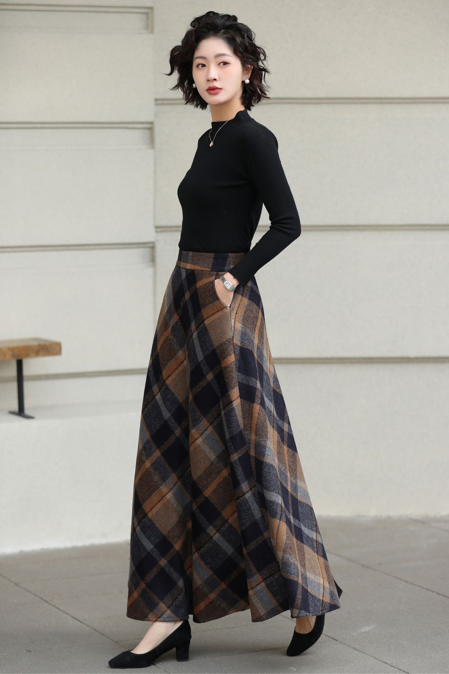 Xiaolizi Plaid Wool Maxi Skirt for Women – Handmade A-Line Winter Full-Length Skirt 6605