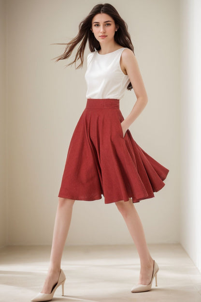 Red Linen Cotton Skater Skirt - High Waist Full Circle Knee Length 5138