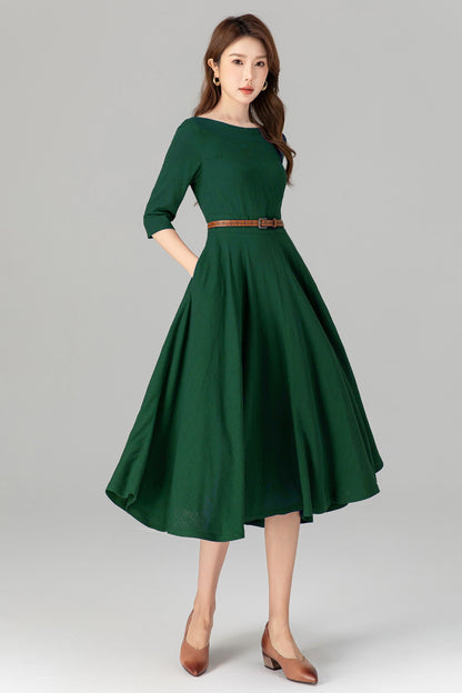 Emerald Green Linen Midi Dress – Handmade Fit & Flare Work Dress with Pockets | Xiaolizi 5580
