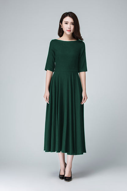 Green Linen Midi Dress with Pockets – Vintage Fit & Flare | Xiaolizi 6282