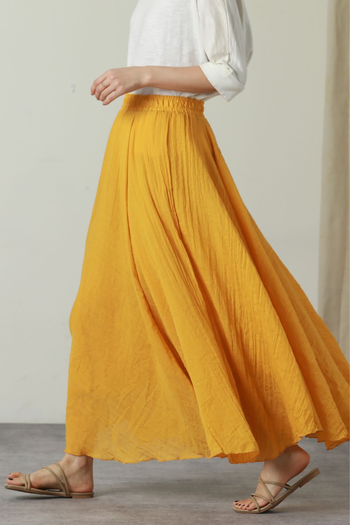 Elastic waist swing long linen skirt women 6179