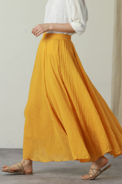 Elastic waist swing long linen skirt women 6179