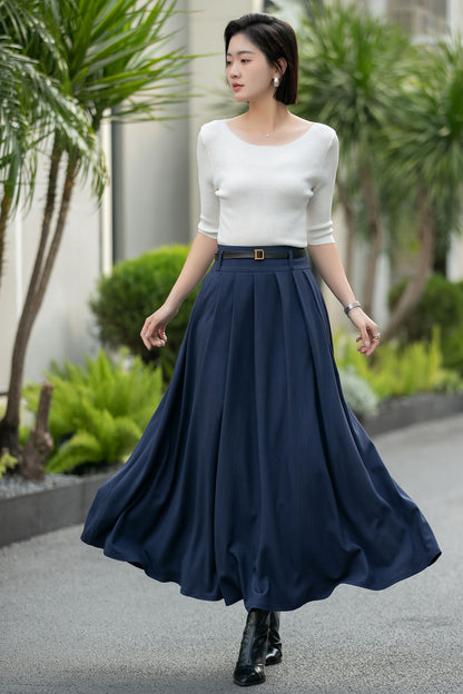 Navy Pleated Maxi Skirt – High Waist A-Line Work Skirt with Pockets 6663 -Size xs #CK2600017