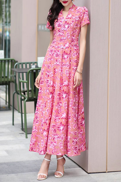 Pink Floral Chiffon Maxi Dress - V-Neck, Fitted Waist 5043