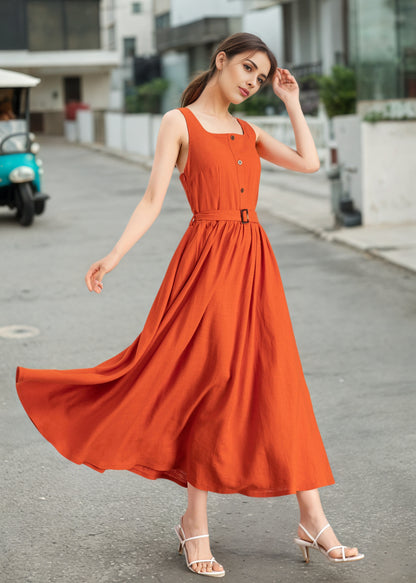 Orange Linen Blend Dress - Square Neck Midi | Xiaolizi 6724