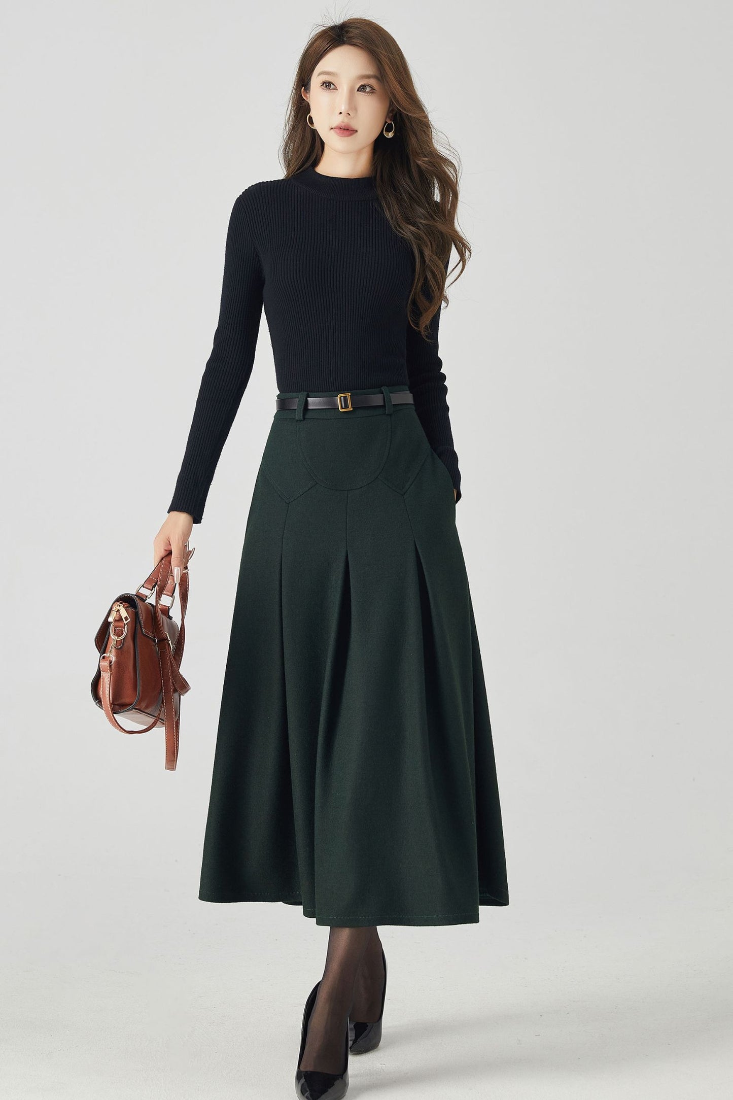 Dark green pleated midi wool skirt 4532