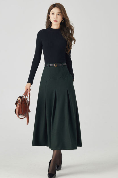 Dark Green Wool Midi Skirt – Vintage High Waist A-Line Winter Skirt with Pockets 4532