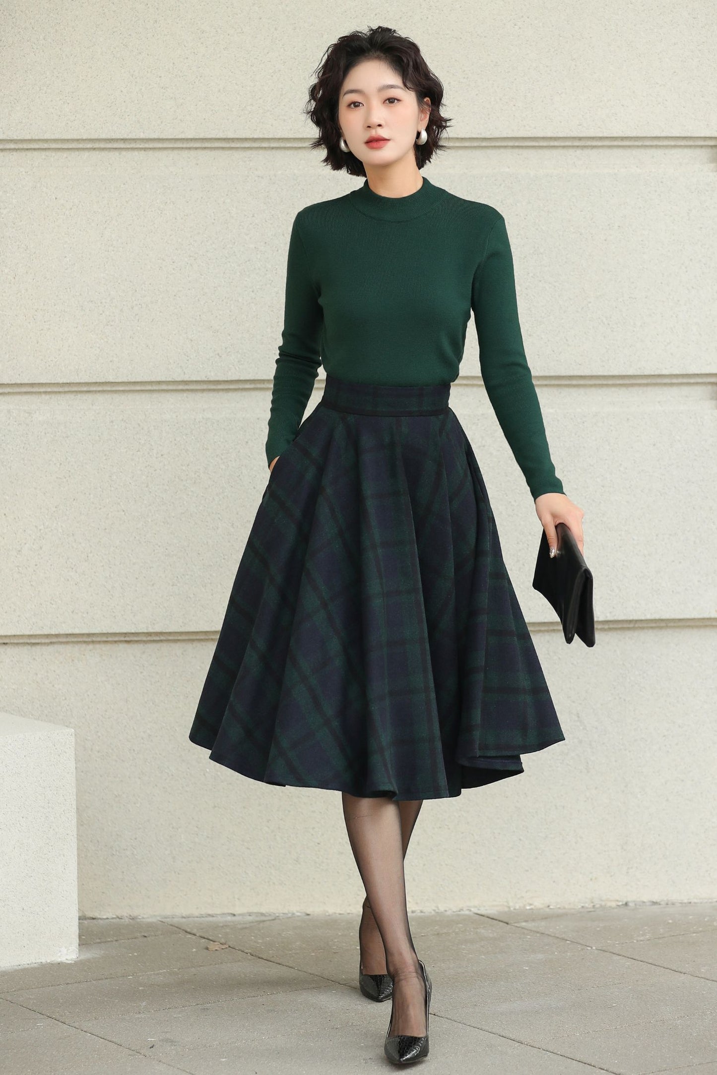Knee length plaid winter wool skirt 6511