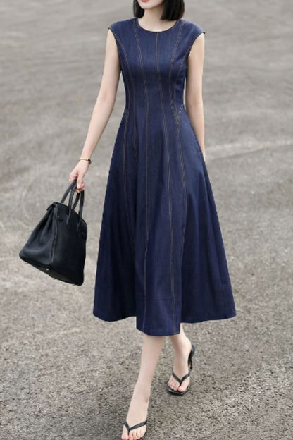 Elegant Sleeveless Denim Midi Dress for Everyday Wear | Xiaolizi 6824