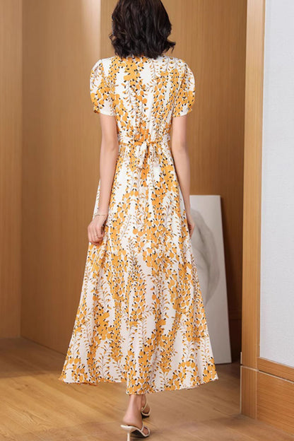 Printed Chiffon Maxi Dress - V Neck, Fitted Waist, Flowing Silhouette 5024