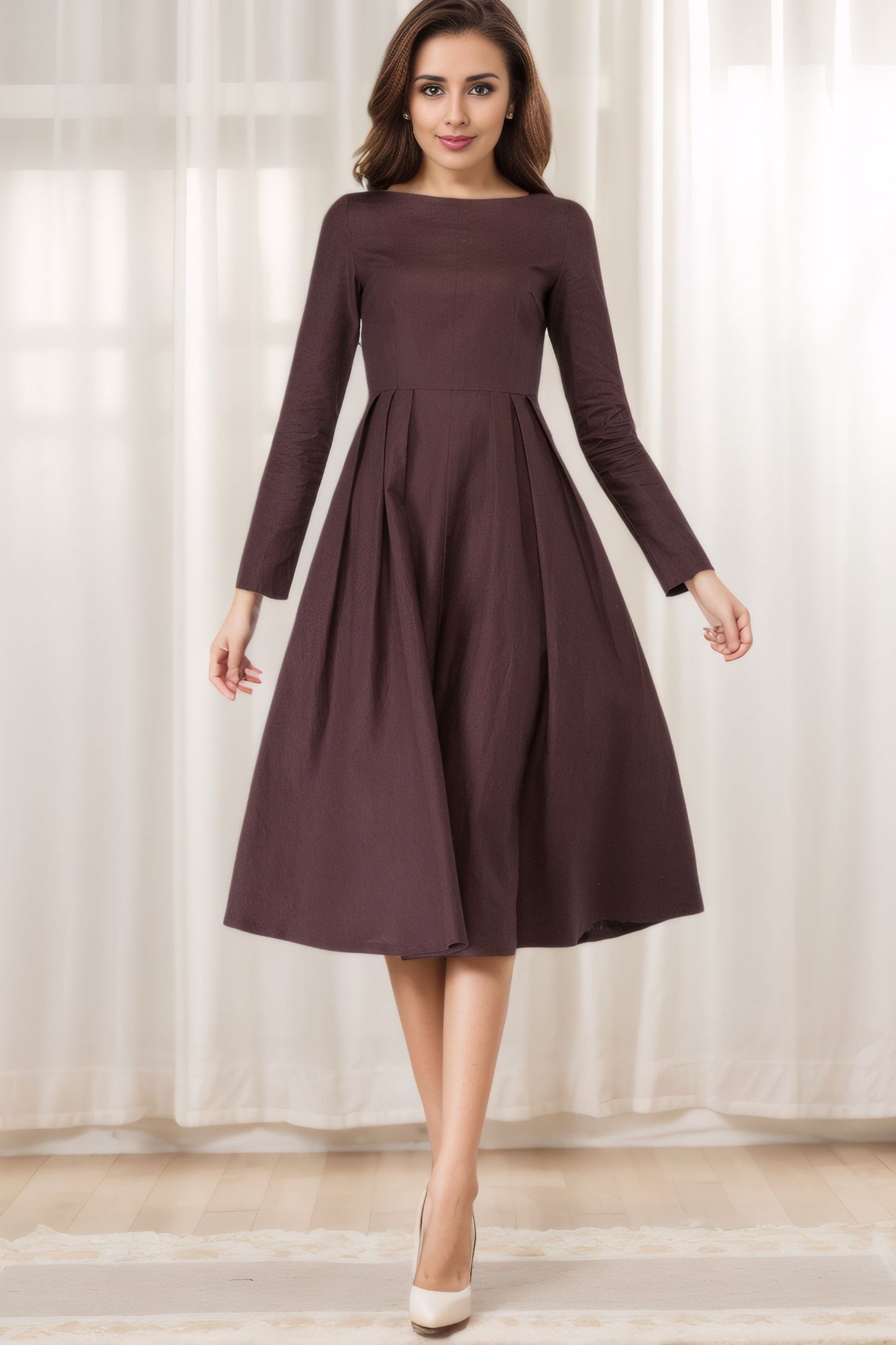 Brown Linen A-Line Spring Dress 5615