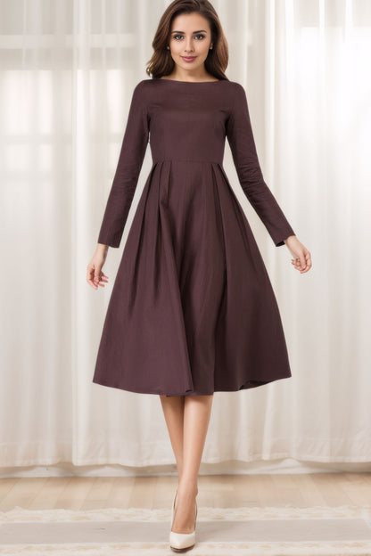 Brown Linen Dress - A-Line Silhouette with Boat Neck 5615