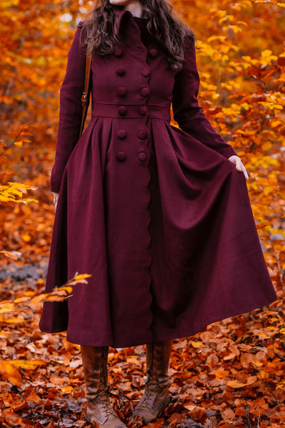 Handmade Burgundy Wool Coat – Autumn Princess Fit & Flare Overcoat 4741