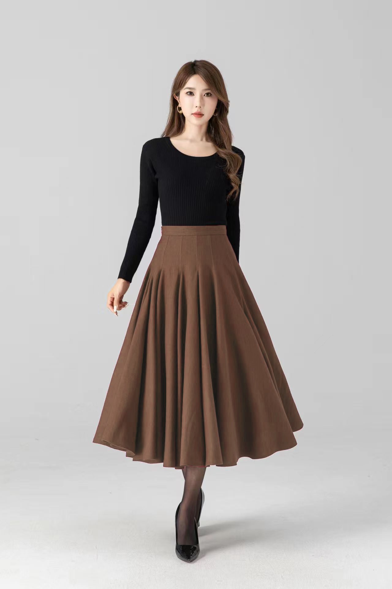 Brown Wool Midi Skirt – High Waist Flared A-Line Skirt | Vintage Winter Style 5392