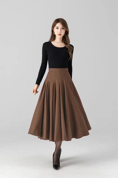 Brown Wool Midi Skirt – High Waist Flared A-Line Skirt | Vintage Winter Style 5392