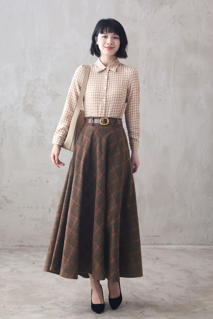 Brown Plaid Wool Maxi Skirt – Vintage High Waist Winter Long Skirt with Pockets 3102