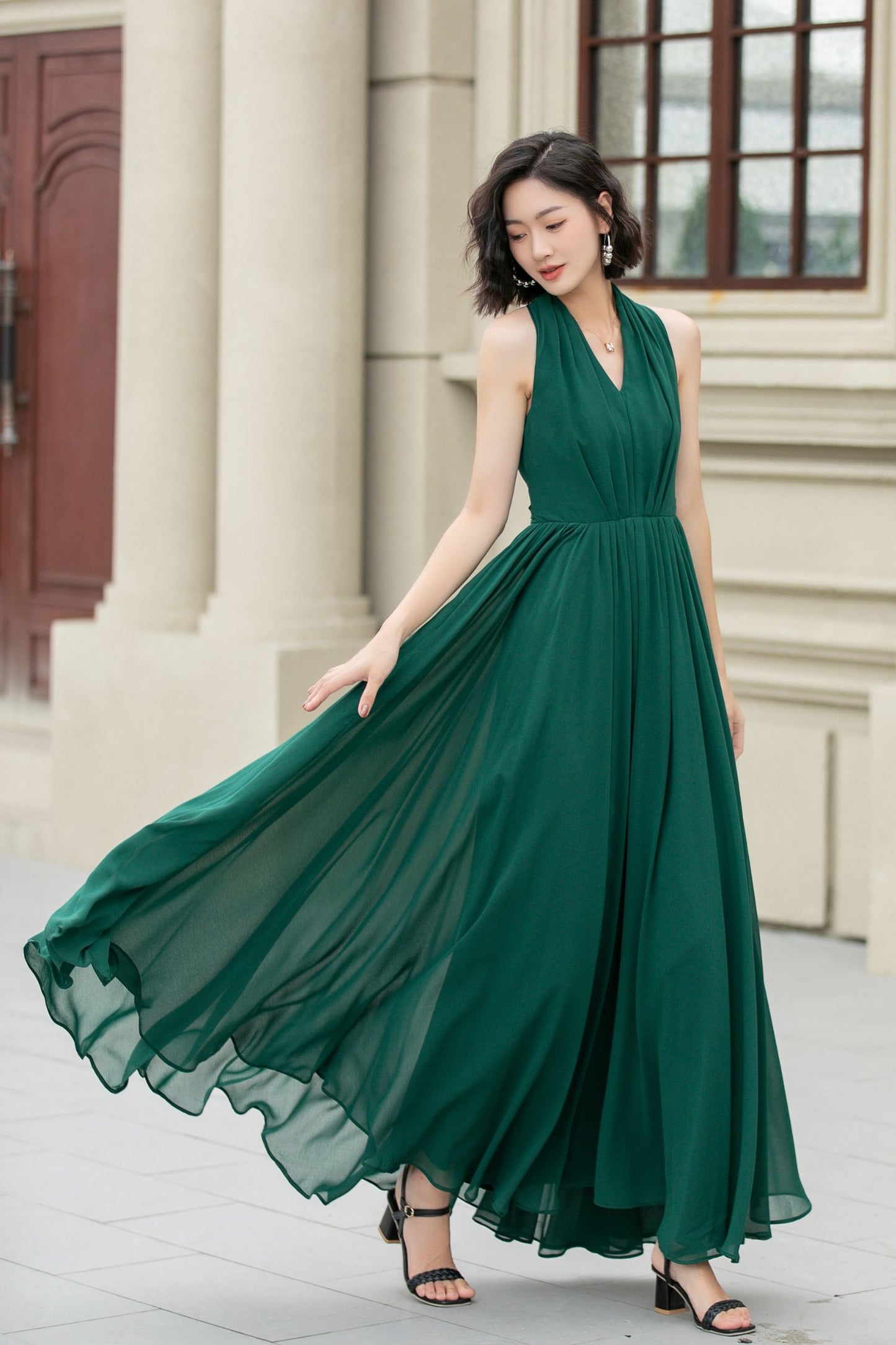 Green maxi halter chiffon party dress 5175