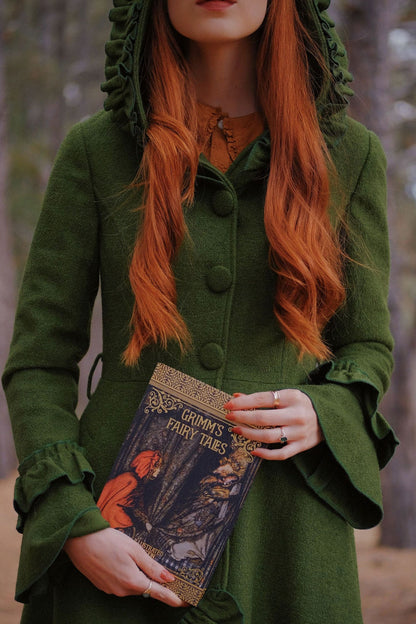 Green Wool Coat with Hood and Ruffled Trim - Long, Flowy Silhouette 3967