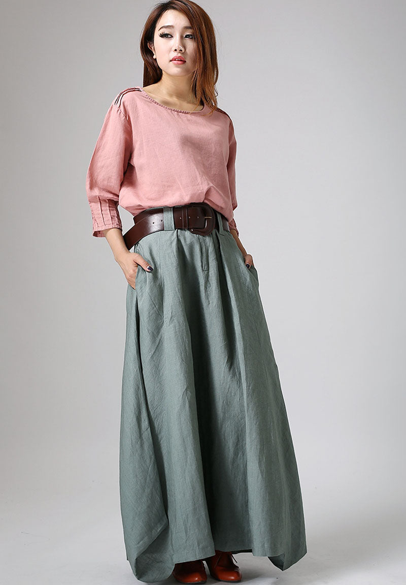 Sage Green Linen Cotton Maxi Skirt – Handmade Flowy Boho Long Skirt | Xiaolizi 914