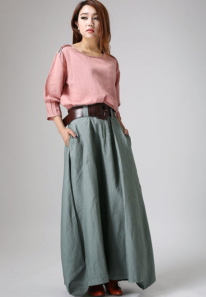 Sage Green Linen Cotton Maxi Skirt – Handmade Flowy Boho Long Skirt | Xiaolizi 914