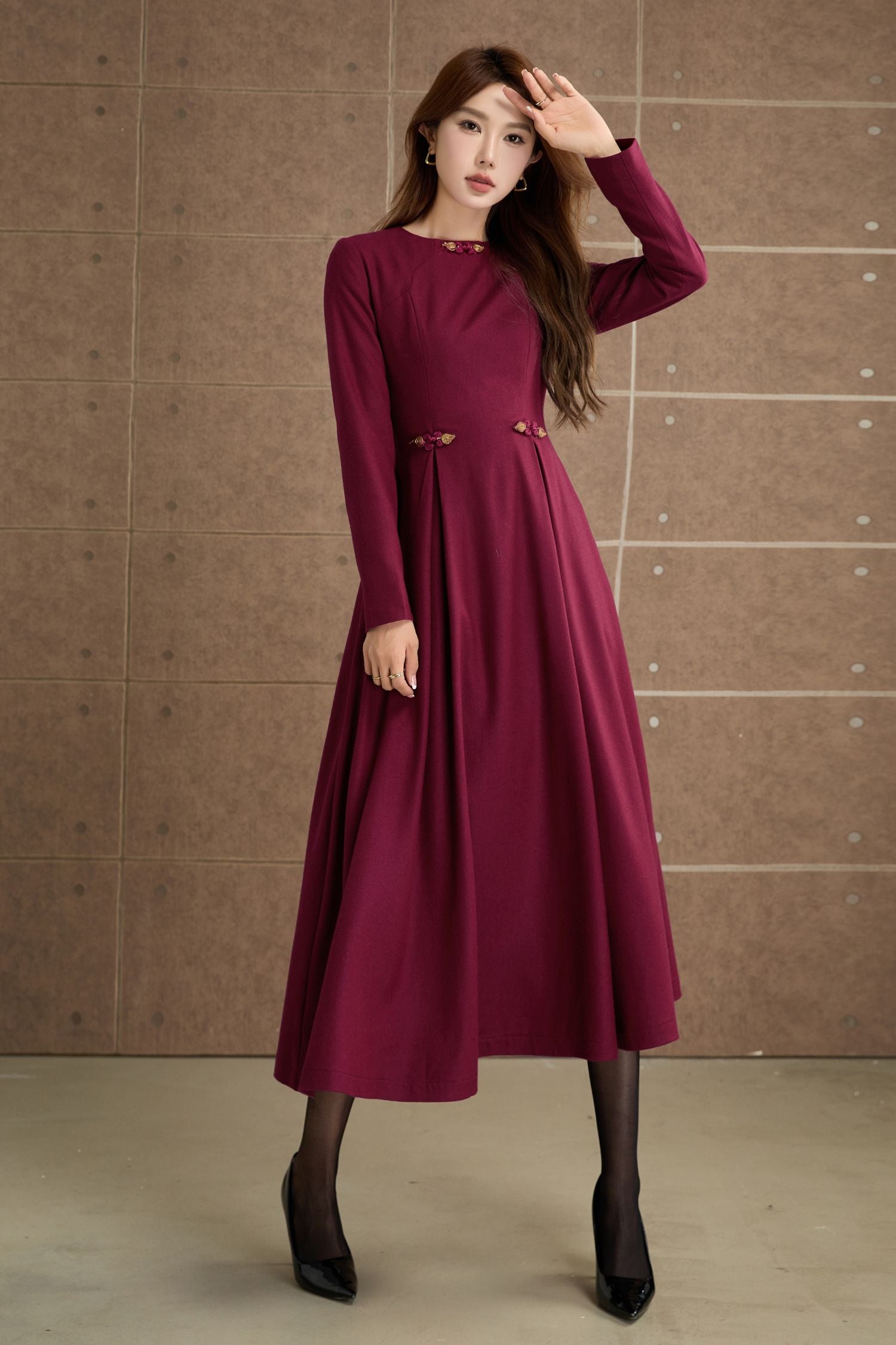 Long sleeves prom burgundy wool dress 5358 Xiaolizi Long sleeves prom burgundy wool dress 5358 Xiaolizi