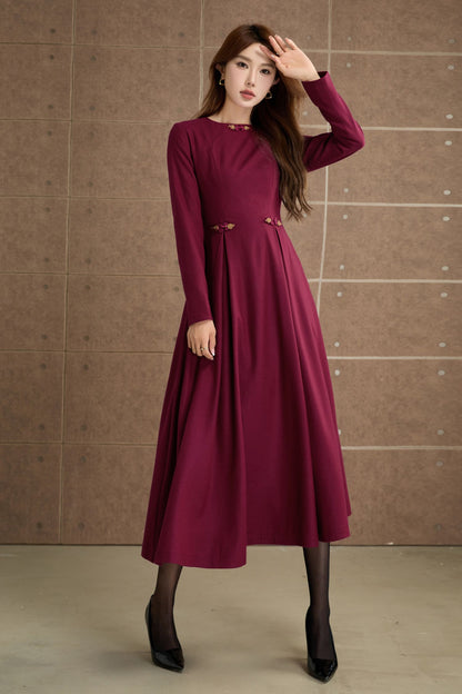 Burgundy Wool Midi Dress - Long Sleeves, Fit and Flare Silhouette 5358