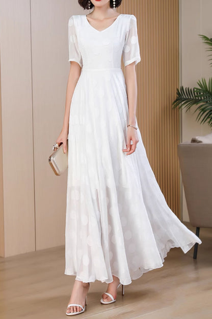 White Chiffon Maxi Dress - Flowy Polka Dot V-Neck 5052