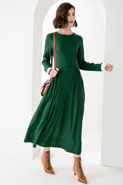 Emerald Green Linen Maxi Dress - Fitted Waist with Pleated Flare Skirt 3830