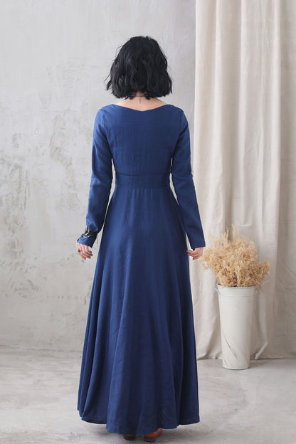 Navy Linen Maxi Dress - Fitted Waist with Square Neckline 3329
