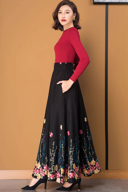 Black Wool Maxi Skirt - Embroidered A-Line with Elastic Waist 4768