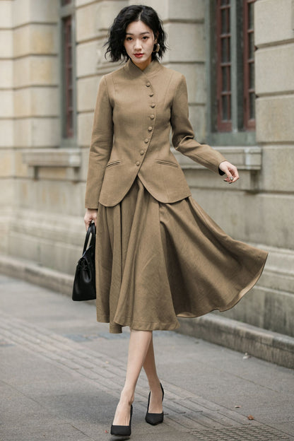 Brown Linen Midi Skirt - High Waist A-Line | Xiaolizi 6752