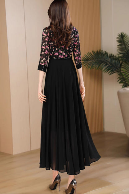 Black Polyester Maxi Dress - Floral Print, Fitted Waist 5061