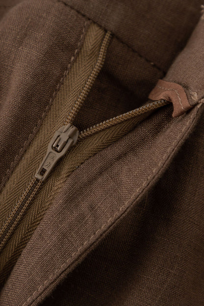 Brown Linen Wide Leg Pants - High Waisted Pleated Detail 4918