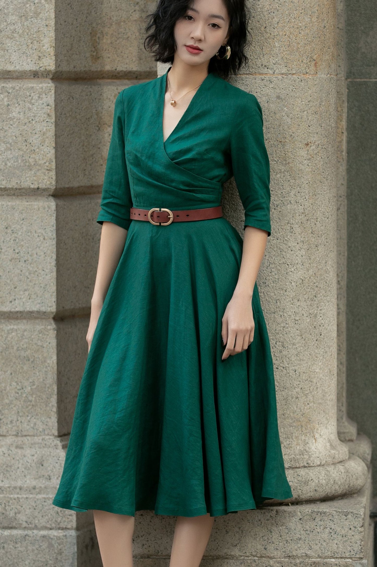 Green swing linen midi dress women 5677