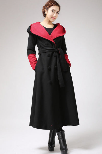 Black Wool Hooded Maxi Coat - Double Breasted Belt | Xiaolizi 700