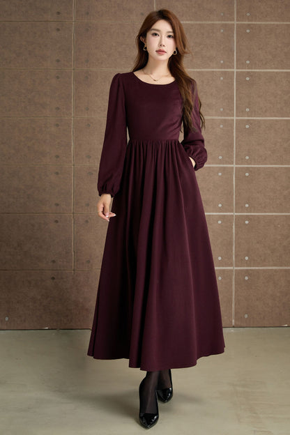 Burgundy Wool Maxi Dress – Elegant Vintage Long Sleeve Winter Dress with Pockets 5359