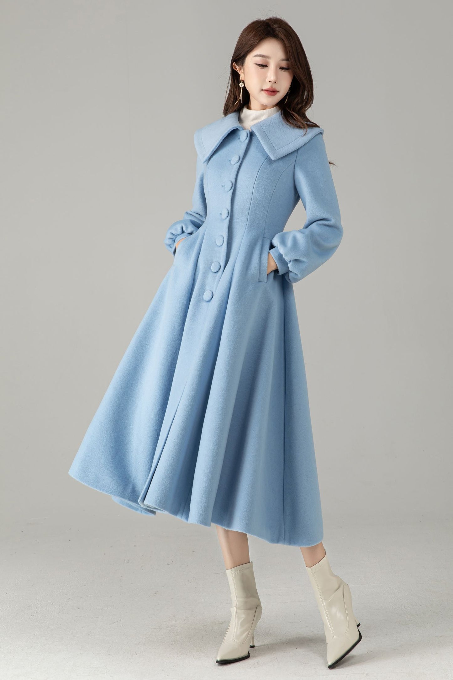 Sky Blue Wool Princess Coat – Vintage Fit and Flare Swing Winter Coat | Xiaolizi 6576